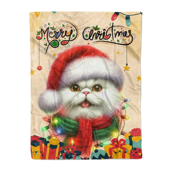 Merry Christmas Santa Persian Scarf Twinkling Lights Xmas Holiday Cozy Fleece Blanket Cat Lover Kitten Owner Gifts Warm Soft Throw Blanket - 00022