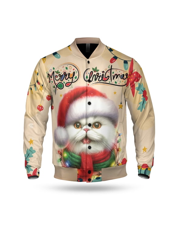 Merry Christmas Santa Persian Scarf Twinkling Lights Xmas Holiday All Over Print 3D Baseball Jacket Cat Lover Kitten Owner Gifts Bomber Jacket Softball - 00022