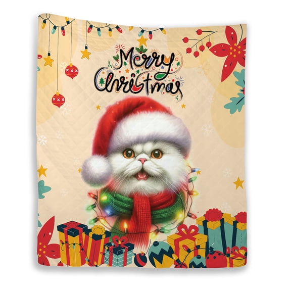 Merry Christmas Santa Persian Scarf Twinkling Lights Xmas Holiday Quilt Blanket Cat Lover Kitten Owner Gifts Cozy Comforter Throw Blanket - 00022