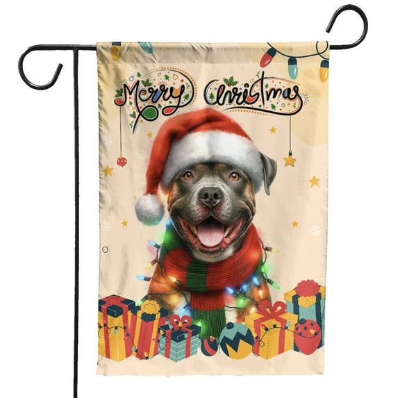 Merry Christmas Santa Pitbull Scarf Twinkling Lights Xmas Holiday Garden Flag 12x18in Double Sided Terrier Dog Lover Outdoor Decor - 00022