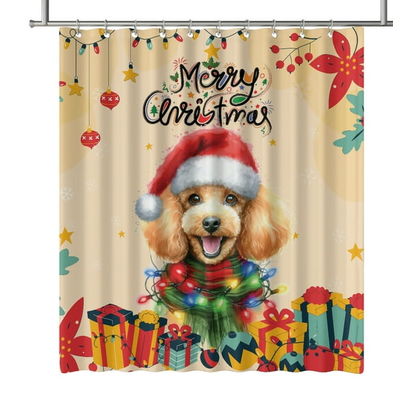 Merry Christmas Santa Poodle Scarf Twinkling Lights Xmas Holiday Shower Curtain Poodles Dog Lover Gifts Idea Waterproof Bathroom Bathtub Curtain - 00022