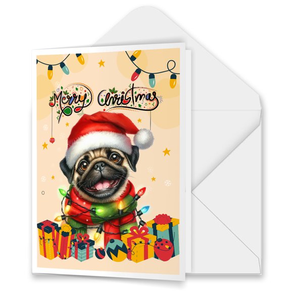 Merry Christmas Santa Pug Scarf Twinkling Lights Xmas Holiday 5x7in Folded Greeting Card Dog Lover Gifts Single Note Card with Envelope - 00022