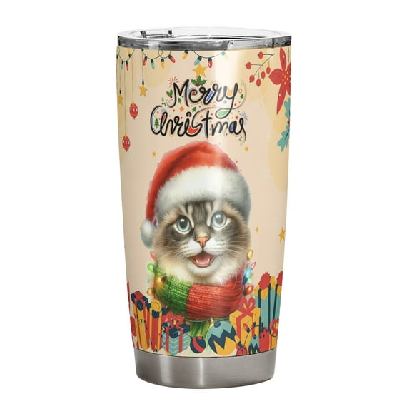 Merry Christmas Santa Ragdoll Scarf Twinkling Lights Xmas Holiday 20oz Stainless Steel Tumbler Insulated Cup with Lid Cat Lover Kitten Owner Gifts Idea - 00022