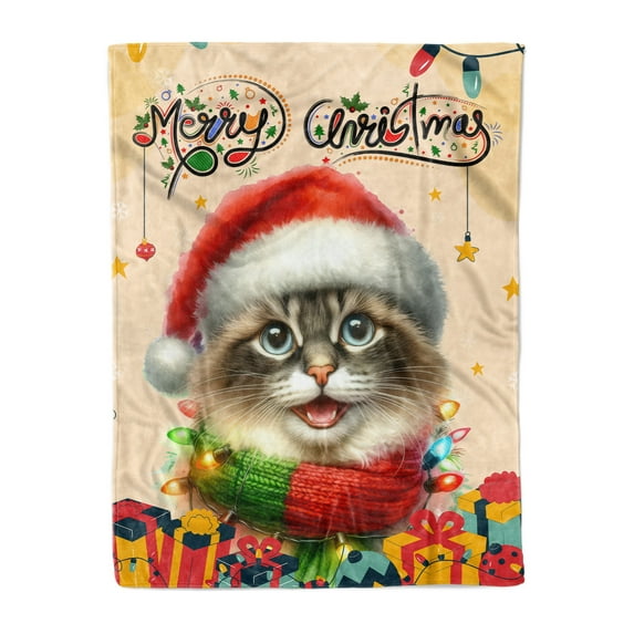 Merry Christmas Santa Ragdoll Scarf Twinkling Lights Xmas Holiday Cozy Fleece Blanket Cat Lover Kitten Owner Gifts Idea Warm Soft Throw Blanket - 00022
