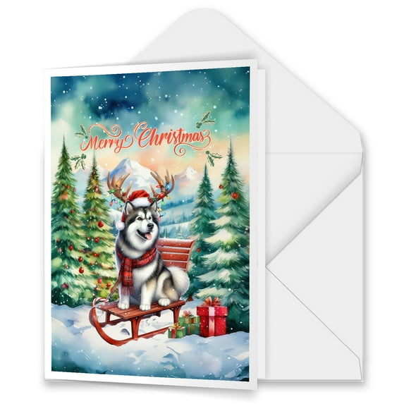 Merry Christmas Santa Reindeer Antlers Alaskan Malamute Sleigh Xmas Winter Holiday 5x7in Folded Greeting Card Alaska Mal Dog Lovers Gifts Single Note Card with Envelope - 00023