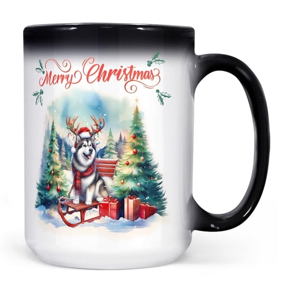 Merry Christmas Santa Reindeer Antlers Alaskan Malamute Sleigh Xmas Winter Holiday Heat Color Changing Mug Alaska Mal Dog Lovers Gifts Magic Coffee Mug - 00023