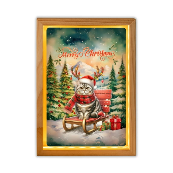Merry Christmas Santa Reindeer Antlers American Shorthair Sleigh Xmas Winter Holiday Acrylic Plaque with Wood Photo Frame Box Cat Lover Kitten Owner Gifts Light Box - 00023