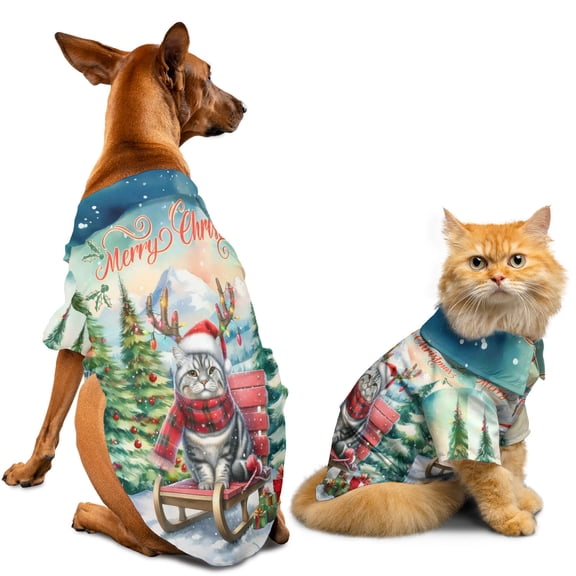 Merry Christmas Santa Reindeer Antlers American Shorthair Sleigh Xmas Winter Holiday Hawaiian Summer Shirt for Small Medium Large Dog Cat Cat Lover Kitten Owner Gifts - 00023