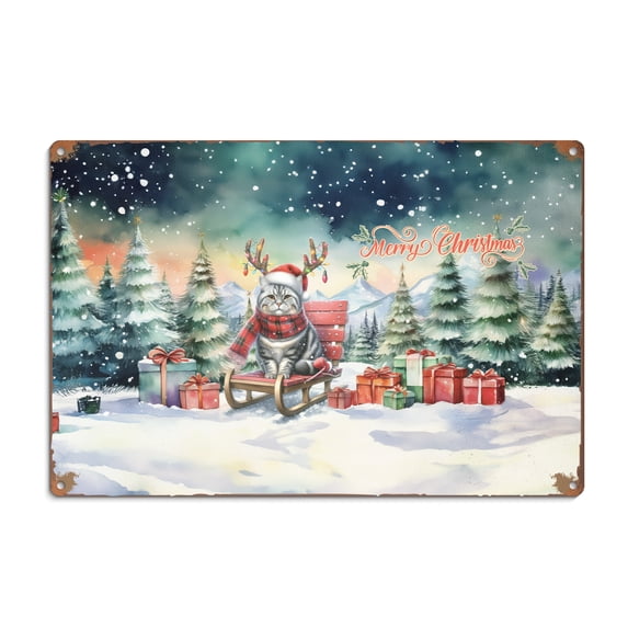 Merry Christmas Santa Reindeer Antlers American Shorthair Sleigh Xmas Winter Holiday Horizontal Metal Aluminum Sign Cat Lover Kitten Owner Gifts Wall Art Home Decor - 00023