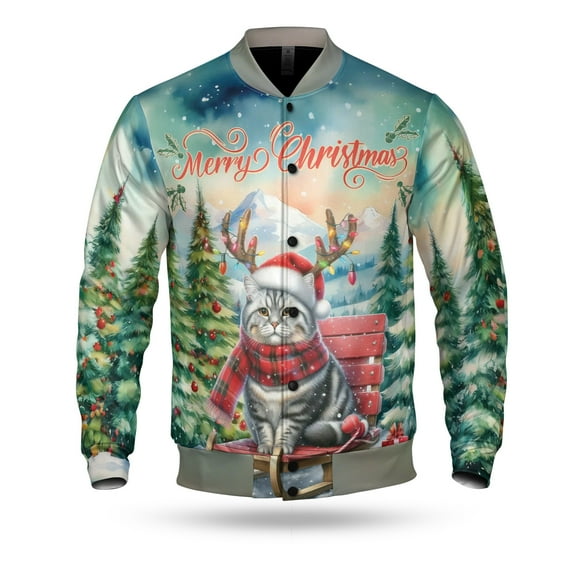 Merry Christmas Santa Reindeer Antlers American Shorthair Sleigh Xmas Winter Holiday All Over Print 3D Baseball Jacket Cat Lover Kitten Owner Gifts Bomber Jacket Softball - 00023