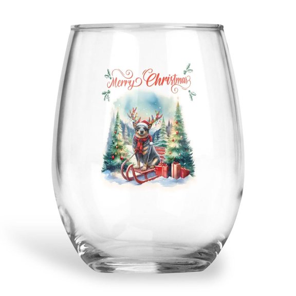 Merry Christmas Santa Reindeer Antlers Australian Cattle Dog Sleigh Xmas Winter Holiday 15oz Stemless Wine Glass Mug Heeler Lover Gifts Wine Glasses Cup - 00023