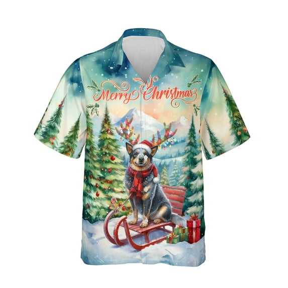 Merry Christmas Santa Reindeer Antlers Australian Cattle Dog Sleigh Xmas Winter Holiday Hawaiian Shirt Breathable Summer Unisex Merch Heeler Lover Gifts - 00023