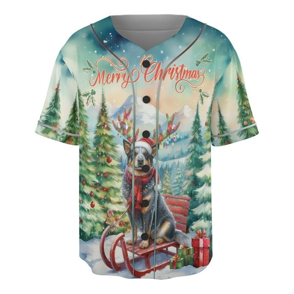 Merry Christmas Santa Reindeer Antlers Australian Cattle Dog Sleigh Xmas Winter Holiday All Over Print 3D Baseball Shirt Heeler Lover Gifts Softball Sport - 00023