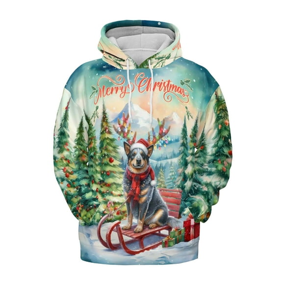 Merry Christmas Santa Reindeer Antlers Australian Cattle Dog Sleigh Xmas Winter Holiday All Over Print 3D Hoodie Unisex Merch Hoodies Heeler Lover Gifts - 00023