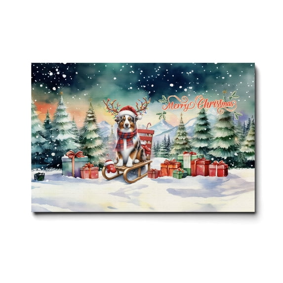 Merry Christmas Santa Reindeer Antlers Australian Shepherd Sleigh Xmas Winter Holiday Horizontal Matte Canvas Poster Aussie Dog Lover Gifts Wall Art Home Decor - 00023