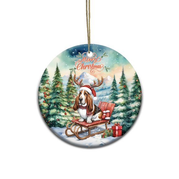 Merry Christmas Santa Reindeer Antlers Basset Hound Sleigh Xmas Winter Holiday Ceramic Round Ornament Bassets Dog Breed Lovers Gifts Idea Home Tree Decor - 00023
