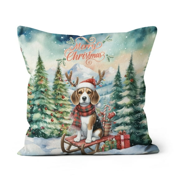 Merry Christmas Santa Reindeer Antlers Beagle Sleigh Xmas Winter Holiday Pillow Cushion Double Sided Beagles Dog Lover Gifts Idea Throw Pillow - 00023