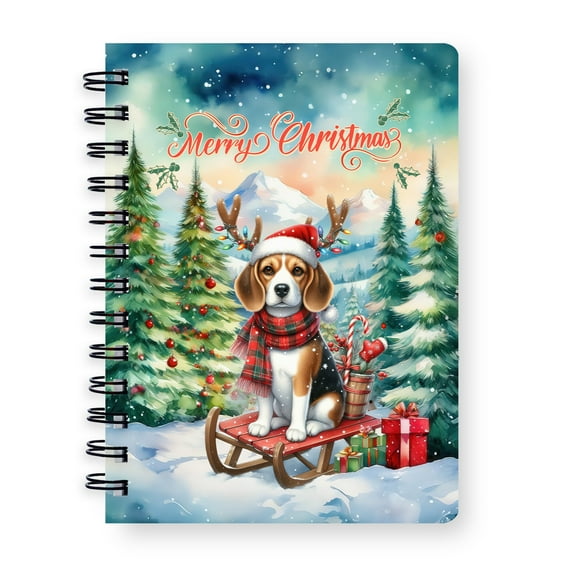 Merry Christmas Santa Reindeer Antlers Beagle Sleigh Xmas Winter Holiday Spiral Bound Journal Beagles Dog Lover Gifts Idea 5x7in Spiral Notebook - 00023