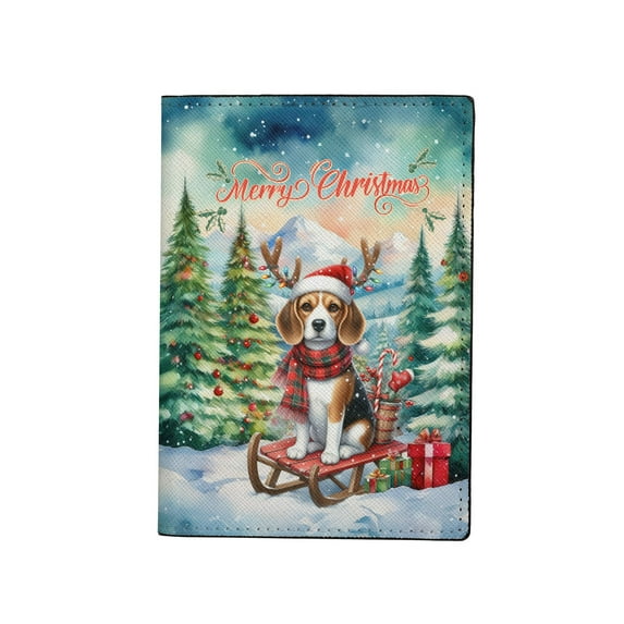 Merry Christmas Santa Reindeer Antlers Beagle Sleigh Xmas Winter Holiday Travel Passport Wallet Beagles Dog Lover Gifts Idea PU Leather Passport Holder Cover - 00023