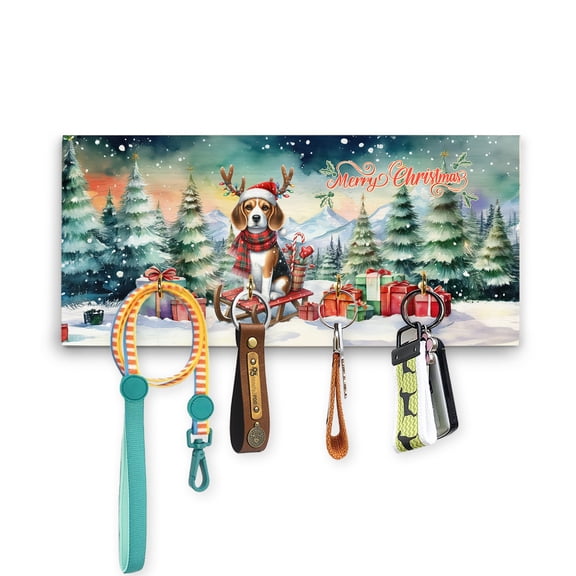 Merry Christmas Santa Reindeer Antlers Beagle Sleigh Xmas Winter Holiday Wood Key Holder Beagles Dog Lover Gifts Idea Wall-mounted Key Rack Home Decor - 00023