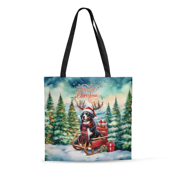 Merry Christmas Santa Reindeer Antlers Bernese Mountain Dog Sleigh Xmas Winter Holiday All Over Print 3D Canvas Tote Bag Berner Lover Gifts Reusable Handbag - 00023