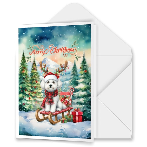 Merry Christmas Santa Reindeer Antlers Bichon Frise Sleigh Xmas Winter Holiday 5x7in Folded Greeting Card Bichons Dog Lovers Gifts Idea Single Note Card with Envelope - 00023