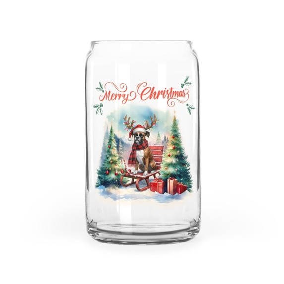 Merry Christmas Santa Reindeer Antlers Boxer Sleigh Xmas Winter Holiday 16oz Glass Cup Mug Boxers Dog Lover Gifts Idea Glass Can - 00023