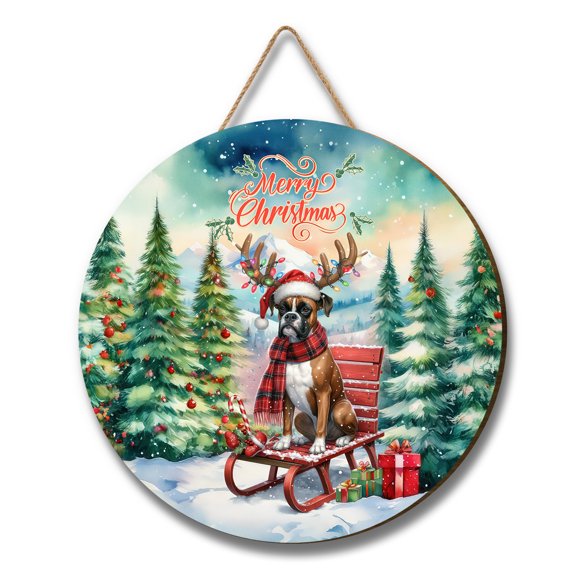 Merry Christmas Santa Reindeer Antlers Boxer Sleigh Xmas Winter Holiday Round Wood Sign Boxers Dog Lover Gifts Idea Hanging Wall Home Decor - 00023