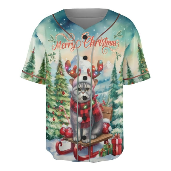 Merry Christmas Santa Reindeer Antlers British Shorthair Sleigh Xmas Winter Holiday All Over Print 3D Baseball Shirt Cat Lover Kitten Owner Gifts Softball Sport - 00023