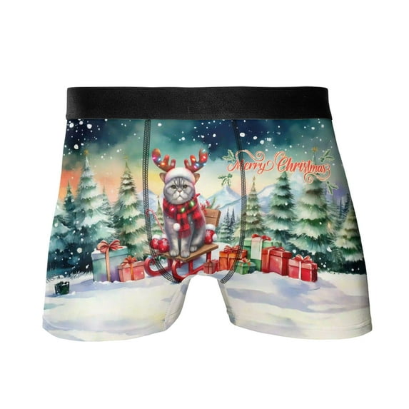 Merry Christmas Santa Reindeer Antlers British Shorthair Sleigh Xmas Winter Holiday All Over Print Boxer Briefs Underwear for Men Dad Cat Lover Kitten Owner Gifts - 00023