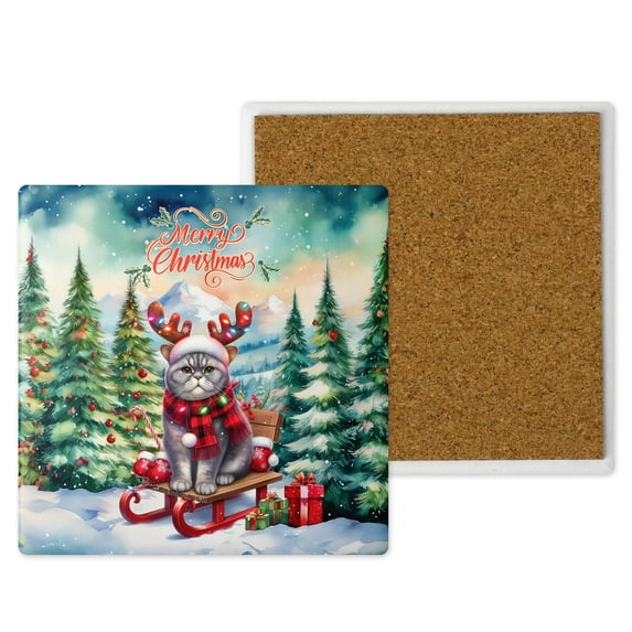 Merry Christmas Santa Reindeer Antlers British Shorthair Sleigh Xmas Winter Holiday Set of 4 Stone Coasters Cat Lover Kitten Owner Gifts 4x4in Absorbent Soapstone Coaster - 00023