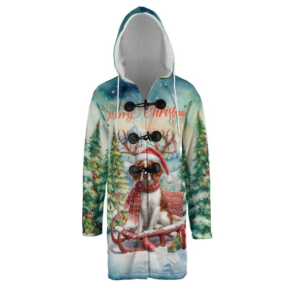 Merry Christmas Santa Reindeer Antlers Brittany Spaniel Sleigh Xmas Winter Holiday All Over Print 3D Hooded Duffle Toggle Coat Brittany Dog Lover Gifts Idea - 00023