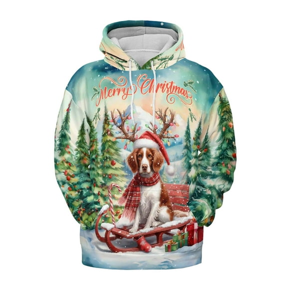 Merry Christmas Santa Reindeer Antlers Brittany Spaniel Sleigh Xmas Winter Holiday All Over Print 3D Hoodie Unisex Merch Hoodies Brittany Dog Lover Gifts Idea - 00023