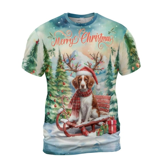Merry Christmas Santa Reindeer Antlers Brittany Spaniel Sleigh Xmas Winter Holiday All Over Print 3D Shirt Unisex Merch Brittany Dog Lover Gifts Idea - 00023