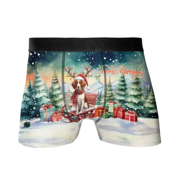 Merry Christmas Santa Reindeer Antlers Brittany Spaniel Sleigh Xmas Winter Holiday All Over Print Boxer Briefs Underwear for Men Dad Brittany Dog Lover Gifts Idea - 00023
