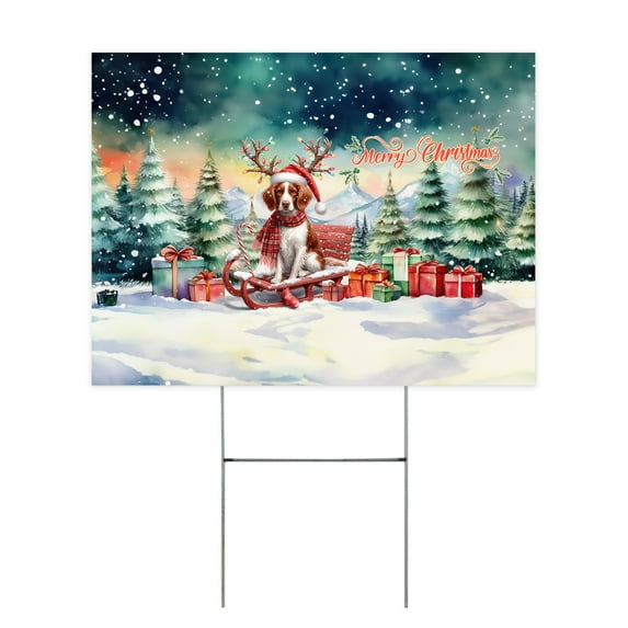 Merry Christmas Santa Reindeer Antlers Brittany Spaniel Sleigh Xmas Winter Holiday Yard Sign Brittany Dog Lover Gifts Idea Outdoor Home Lawn Garden Porch Decor - 00023