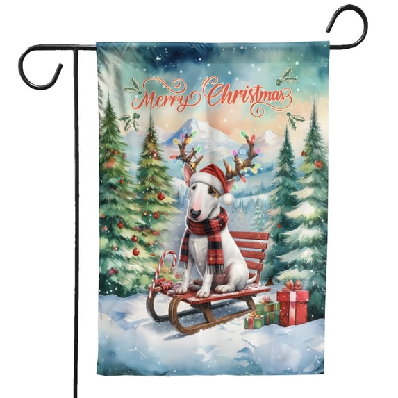 Merry Christmas Santa Reindeer Antlers Bull Terrier Sleigh Xmas Winter Holiday Garden Flag 12x18in Double Sided Bully Dog Lovers Gifts Idea Outdoor Decor - 00023