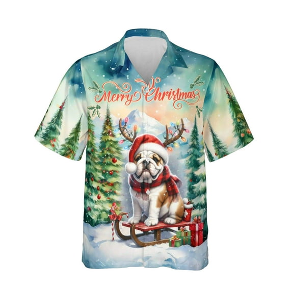 Merry Christmas Santa Reindeer Antlers Bulldog Sleigh Xmas Winter Holiday Hawaiian Shirt Breathable Summer Unisex Merch Dog Lover Gifts Idea - 00023