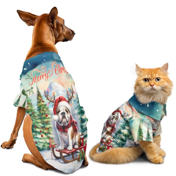 Merry Christmas Santa Reindeer Antlers Bulldog Sleigh Xmas Winter Holiday Hawaiian Summer Shirt for Small Medium Large Dog Cat Dog Lover Gifts Idea - 00023