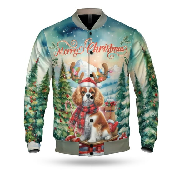 Merry Christmas Santa Reindeer Antlers Cavalier King Charles Spaniel Sleigh Xmas Winter Holiday All Over Print 3D Baseball Jacket Dog Lover Gifts Bomber Jacket Softball - 00023