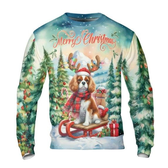 Merry Christmas Santa Reindeer Antlers Cavalier King Charles Spaniel Sleigh Xmas Winter Holiday All Over Print 3D Sweatshirt Unisex Merch Dog Lover Gifts - 00023