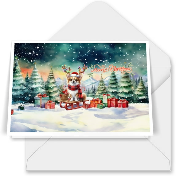 Merry Christmas Santa Reindeer Antlers Chihuahua Sleigh Xmas Winter Holiday 7x5in Folded Greeting Card Dog Lover Gifts Idea Single Note Card with Envelope - 00023