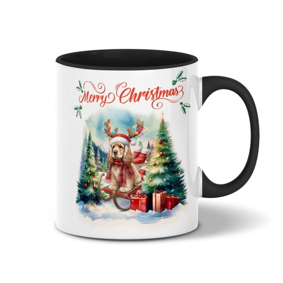 Merry Christmas Santa Reindeer Antlers Cocker Spaniel Sleigh Xmas Winter Holiday 11oz Accent Two-tone Mug Cockers Dog Lover Gifts Coffee Tea Cup - 00023