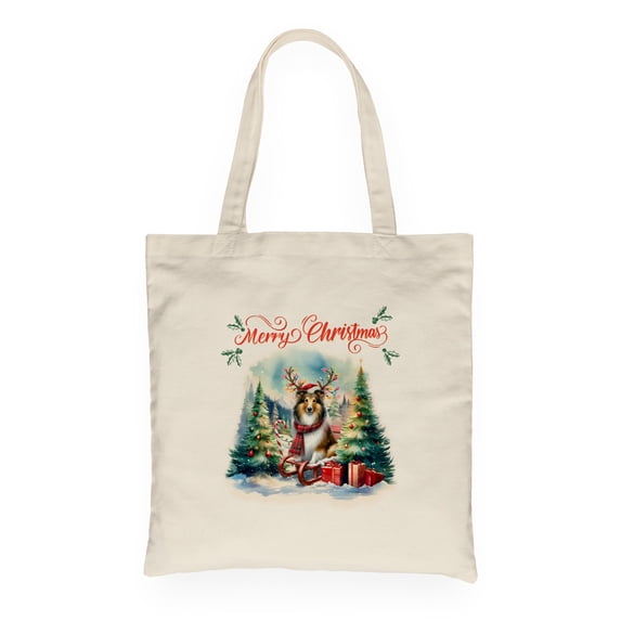 Merry Christmas Santa Reindeer Antlers Collie Sleigh Xmas Winter Holiday Canvas Tote Bag Collie Dog Lover Gifts Idea Reusable Shopping Grocery Bag - 00023