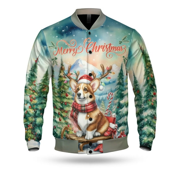 Merry Christmas Santa Reindeer Antlers Corgi Sleigh Xmas Winter Holiday All Over Print 3D Baseball Jacket Welsh Corgi Dog Lover Gifts Idea Bomber Jacket Softball - 00023