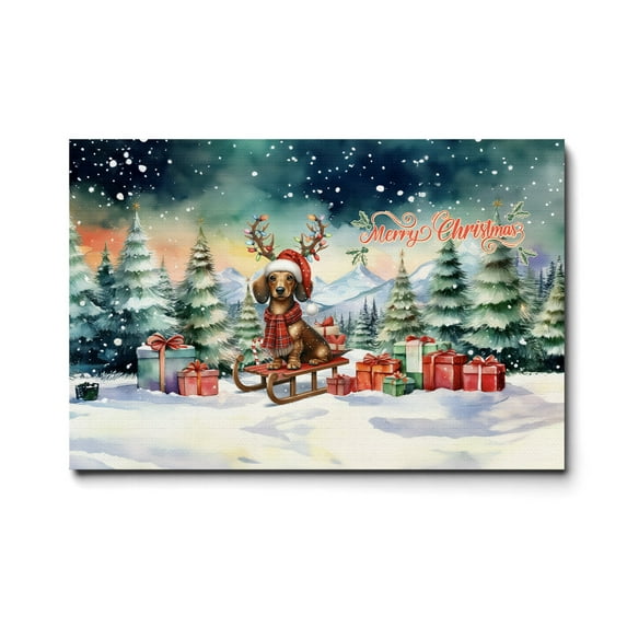Merry Christmas Santa Reindeer Antlers Dachshund Sleigh Xmas Winter Holiday Horizontal Matte Canvas Poster Wiener Dog Lover Gifts Idea Wall Art Home Decor - 00023