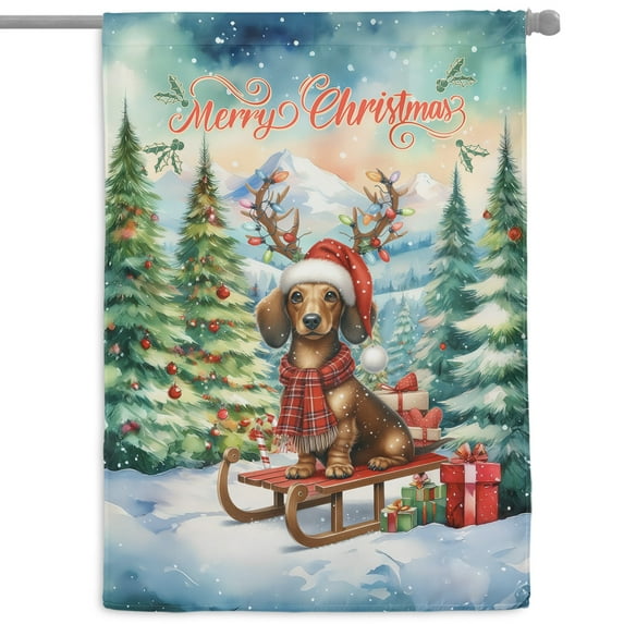 Merry Christmas Santa Reindeer Antlers Dachshund Sleigh Xmas Winter Holiday House Flag 28x40in Double Sided Wiener Dog Lover Gifts Idea Outdoor Decor - 00023