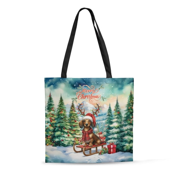 Merry Christmas Santa Reindeer Antlers Dachshund Sleigh Xmas Winter Holiday All Over Print 3D Canvas Tote Bag Wiener Dog Lover Gifts Idea Reusable Handbag - 00023