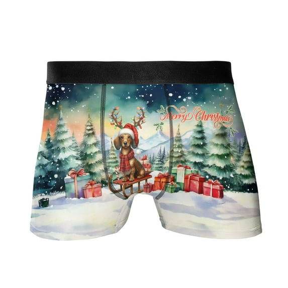 Merry Christmas Santa Reindeer Antlers Dachshund Sleigh Xmas Winter Holiday All Over Print Boxer Briefs Underwear for Men Dad Wiener Dog Lover Gifts Idea - 00023
