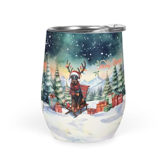 Merry Christmas Santa Reindeer Antlers Doberman Pinscher Sleigh Xmas Winter Holiday 12oz Stainless Steel Wine Tumbler Insulated Cup with Lid Doberman Dog Lover Gifts - 00023